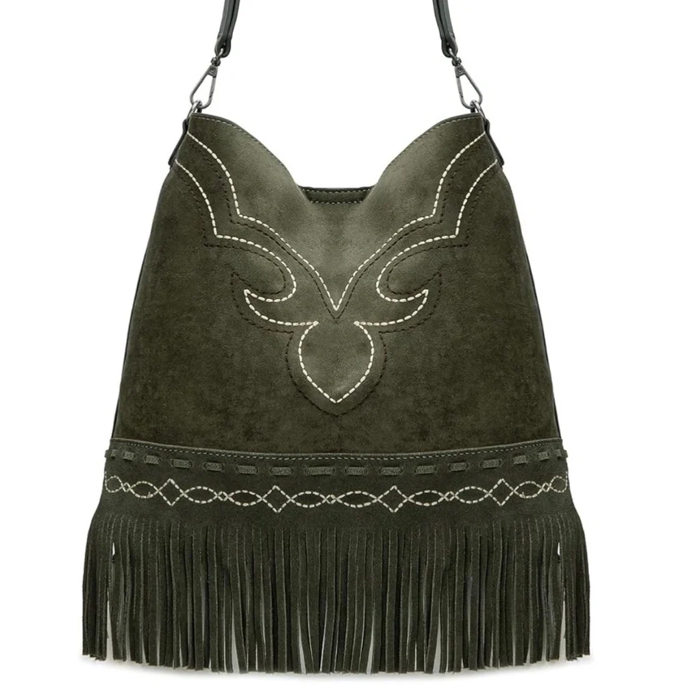 Fringe Suede Shoulder Bag in Olive Green